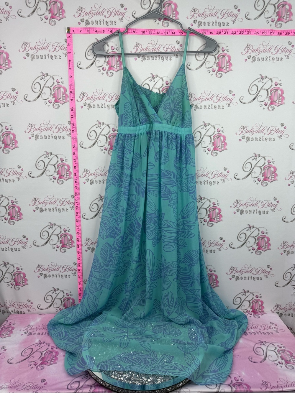 La Vie En Rose Teal and Blue Shell-Print Dress